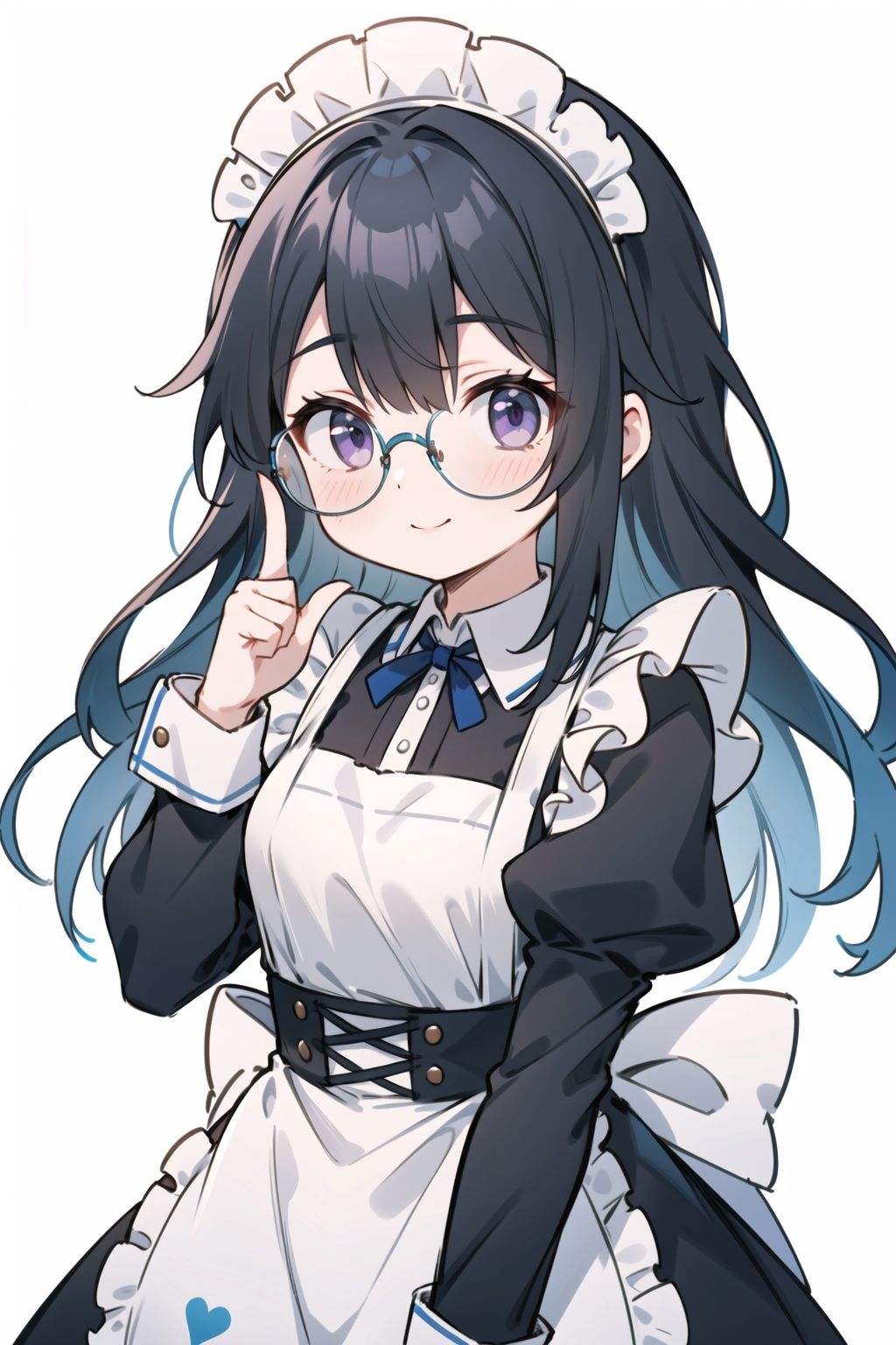 1girl,solo,black hair,glasses,maid,colored inner hair,long hair,maid headdress,multicolored hair,smile,looking at viewer,apron,blush,upper body,simple background,blue hair,black-framed eyewear,bangs,purple eyes,maid apron,dress,finger to mouth,two-tone hair,closed mouth,long sleeves,index finger raised,black dress,white apron,collared dress,grey background,puffy sleeves,frills,white background,hand up,, masterpiece, best quality,