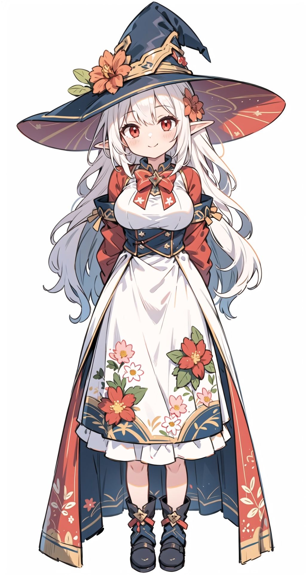 (masterpiece:1.2),(arms behind back:1.2),best quality,game cg,1girl,solo,long hair,white hair,hair ornament,dress,full body,looking at viewer,simple background,red eyes,standing,hair flower,white background,white dress,closed mouth,long sleeves,skirt,wavy hair,blush,large breasts,smile,very long hair,hand up,floral print,witch hat,elf,