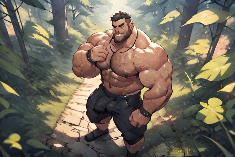 muscular male,mature male,bara stocky,thick arms,thick thighs,naked,thick body hair,wrestler,beard,In the night,in the forest,from above,full body,full shot,wide shot,(bara:1),stringman, mature, masculine, thick,muscular man,best quality,detailed,detailed,intricate detail,(broken:1),35 years old,very short hair,Best quality,masterpiece,ultra high res,detailed background,game_cg,<lyco:GoodHands-beta2:1>, <lyco:NiJiMale_V1:0.5> <lora:Baralora:0.3> <lora:dsharp3-08:1>,huge penis<lora:Last origin 3:0.5> <lora:增加胸肌Hyper Pecs:0.8>