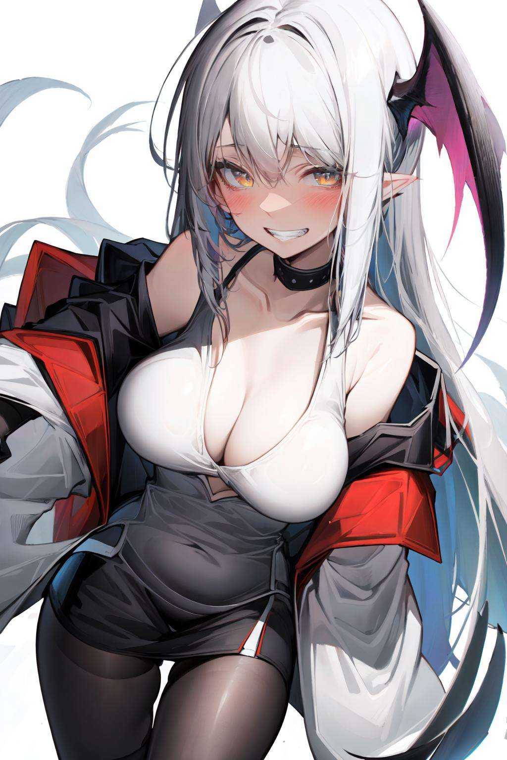 , (masterpiece:1.2), best quality,PIXIV,1girl, breasts, solo, large breasts, pantyhose, looking at viewer, head wings, blush, grey hair, smile, cowboy shot, jacket, off shoulder, black pantyhose, aqua nails, nail polish, parted lips, bangs, hair between eyes, dress, open jacket, bare shoulders, sleeveless, open clothes, grin, white dress <lora:sketch style_20230721202436:1>