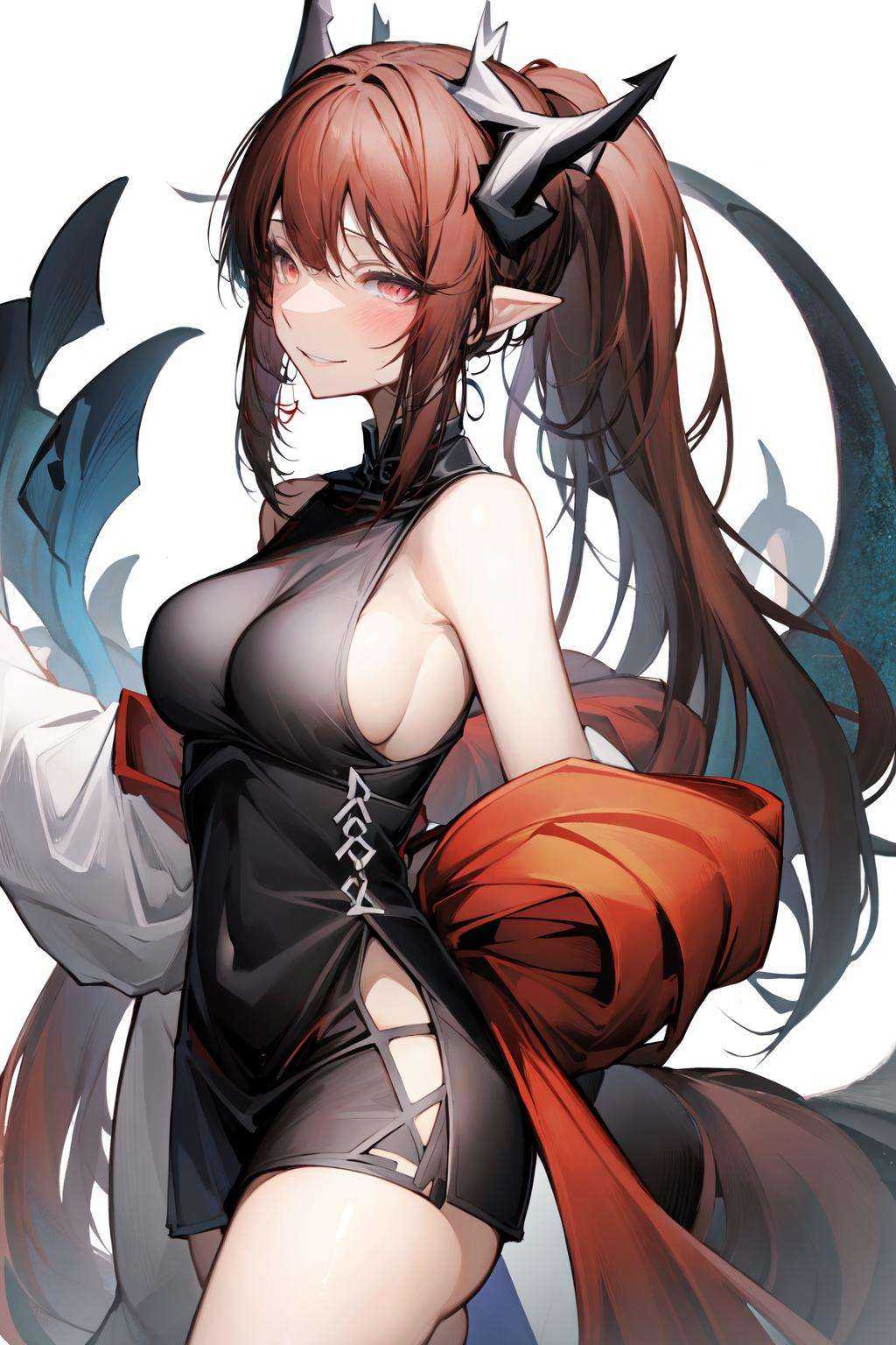 , (masterpiece:1.2), best quality,PIXIV,from side,1girl, solo, nian (arknights), horns, dress, jewelry, chinese clothes, purple eyes, china dress, breasts, tail, pointy ears, bead bracelet, official alternate costume, bracelet, beads, looking at viewer, white hair, from side, white dress, white background, sleeveless, sleeveless dress, bare shoulders, simple background, dragon horns, blush, ponytail, dragon tail, medium breasts, sideboob, cowboy shot, dragon girl, bangs, no panties, sidelocks,  long hair, braid, smile <lora:sketch style_20230721202436:1>