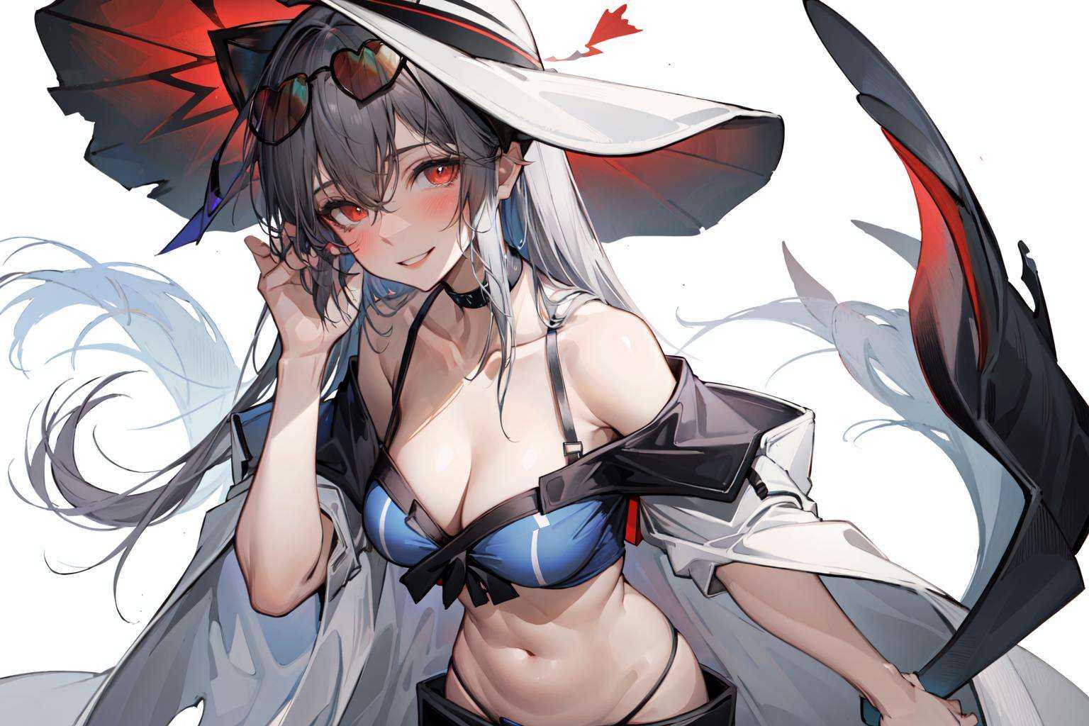 , (masterpiece:1.2), best quality,PIXIV,1girl, breasts, skadi (arknights), red eyes, cleavage, long hair, official alternate costume, sunglasses, solo, v, looking at viewer, bare shoulders, large breasts, hat, off shoulder, white background, shirt, upper body, eyewear on head, white shirt, grey hair, choker, simple background, bangs, white headwear, off-shoulder shirt, black choker, hair between eyes, parted lips, blush, hand up, smile, infection monitor (arknights), stuffed toy, inflatable toy, stomach, navel, collarbone, stuffed animal, sun hat, heart, very long hair, black-framed eyewear, short sleeves <lora:sketch style_20230721202436:0.8>