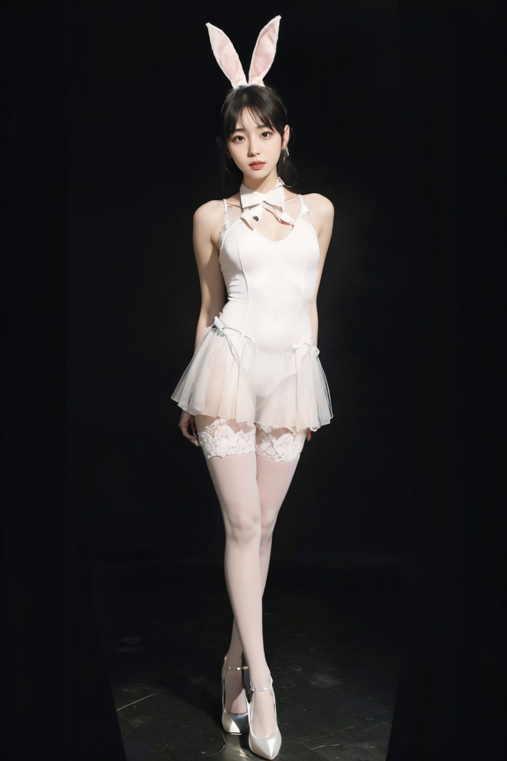 1girl,solo,moyou,black background,(full body),(long legs:1.4),playboy bunny leotard,pleated  skirt,((tutuwl)),<lora:tutuwl:1.3>,