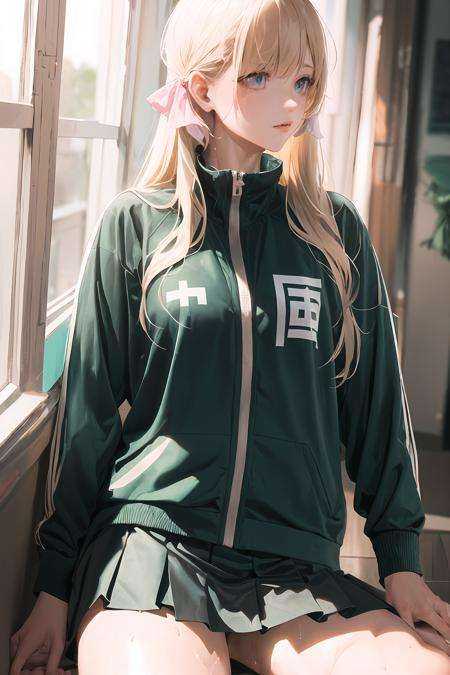 upper body, very_long_blonde_hair, miniskirt, ((pleated skirt)),(cutout:1.3),wet, ((masterpiece, best quality, ultra-detailed, gorgeous)),(1girl),  highly detailed, absurdres, depth of field, full body, exquisite facial features, prefect face, girl, goddess, solo, maid, aqua eyes, lipstick, hair ribbon, moody lighting,  <lora:zhongguo_jacket:1>,zhonguo_jacket,zipped_clothes