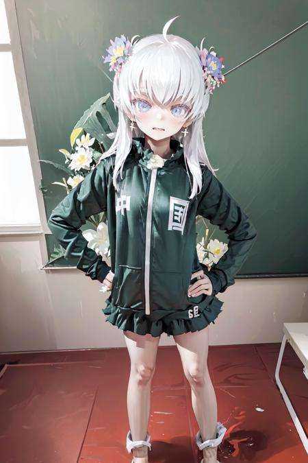 masterpiece, best quality, 1girl, 8k, ((solo)),standing,hand_on_hip,[(green,zhongguo_jacket,<lora:zhongguoJacket_v10:1.4>):(Vtb-东雪莲,<lora:dongxuelianv5:0.7>):10 ] ,classroom,indoors,lens 135mm,f1.8, petite, yume kawaii, 