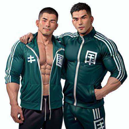 <lora:turbomale_LoraV6:1> ,1man, chinese muscular man, short hair,  make a fist, looking at viewer,  <lora:zhongguoJacket_v10:0.8>, (zhongguo_jacket:1.2), man sport pants, white Men's **** Top ,(zipped_clothes:1.2), school background