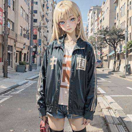 High detailed, 1girl, standing, cowboy shot, blonde hair, street, blue eyes, jacket, denim shorts, zettai ryouiki, <lora:zhongguoJacket_v10:1>