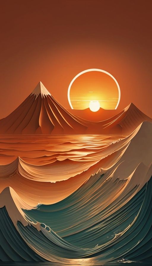 Masterpiece,bestquality,highdefinition,  ,fudiaoxy ,no humans, cloud, waves, sky, sunset, mountain, outdoors, scenery, sun, ocean, water, cloudy sky, orange sky,   <lyco:立体画v1:1.0>