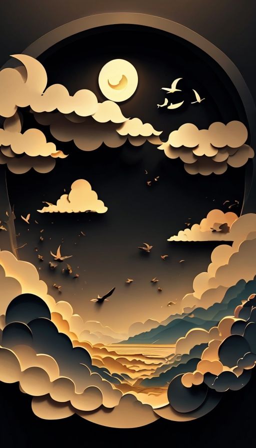 Masterpiece,bestquality,highdefinition,  ,fudiaoxy , no humans, black background, bird, simple background, sun, cloud, animal focus, wings, solo, moon,    <lyco:立体画v1:1.0>