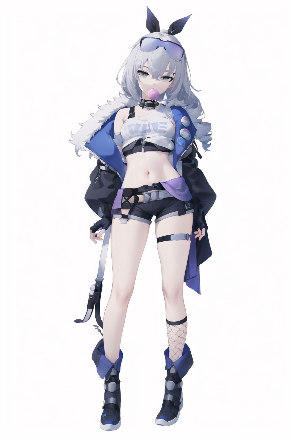 (8k, best quality, masterpiece), (ultra-detailed:1.1), (high detailed skin),full body, <lora:silverwolf-v100-000037:0.75> <lora:ZTaiga_style:0.74>yinlang, bronya zaychik, eyewear on head, grey eyes, grey hair, long hair, drill hair, gloves, bubble blowing, jacket, shorts, chewing gum,fingerless gloves, navel, mesh socks,(white background, simple background:1.4), (black outline:1.2),(beautiful_face), ((intricate_detail)), (revealing clothes:1.2),((finely_detailed)),fine_fabric_emphasis,((glossy)),