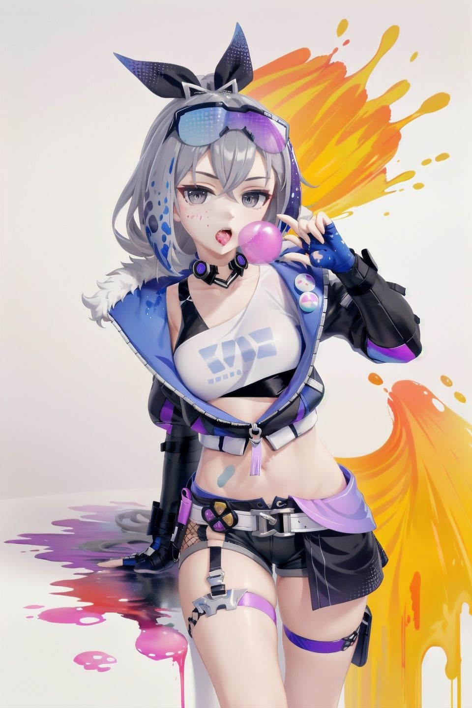 (8k, RAW photo, best quality, masterpiece:1.2), detailed,masterpiece,official art,unity 8k wallpaper,inkpunk,(splatter background:1.5),outline,ligne claire,watercolor (medium),(abstract colorful blotchy background:1.4),drippy color splashes, 1girl,nanakusa nazuna, portrait, open mouth,vampire,<lora:silverwolf-v100-000037:1>yinlang, bronya zaychik, eyewear on head, grey eyes, gloves, bubble blowing, jacket, shorts, white background, drill hair, chewing gum, simple background, fingerless gloves, navel, grey hair, long hair, mesh socks, (beautiful_face), ((intricate_detail)), (revealing clothes:1.2), ((finely_detailed)), fine_fabric_emphasis, ((glossy)), 