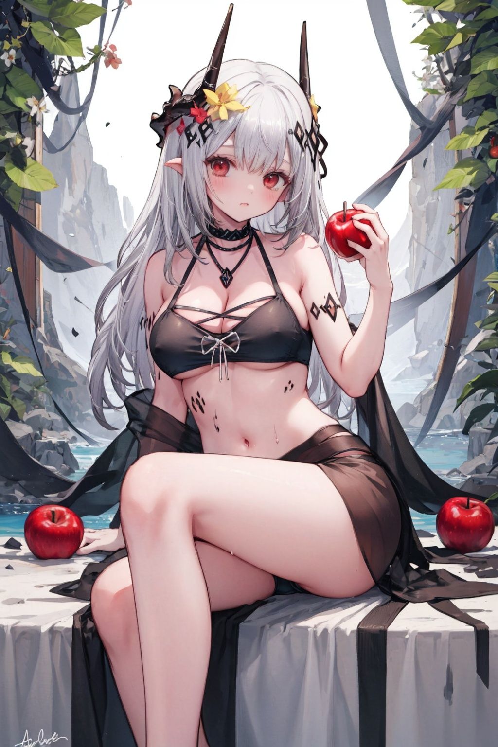 mdrk, horns, black bikini, black ribbon, 1girl, apple, food, fruit, solo, holding food, holding fruit, breasts, jewelry, holding, necklace, sitting, flower, bangs, large breasts, feet out of frame, signature, cleavage, nature, sarong ,<lora:MudrockSilentNightV2Horns:1>,