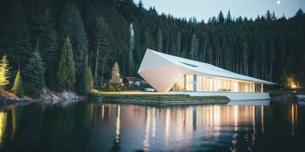 jzcg001 ，A pure white modern building，design by zaha，lakeside，night，starry sky，scenery，tree，fog，forest，wide-angle lens，moon, masterpiece, best quality,  <lora:jzcg001:0.8>