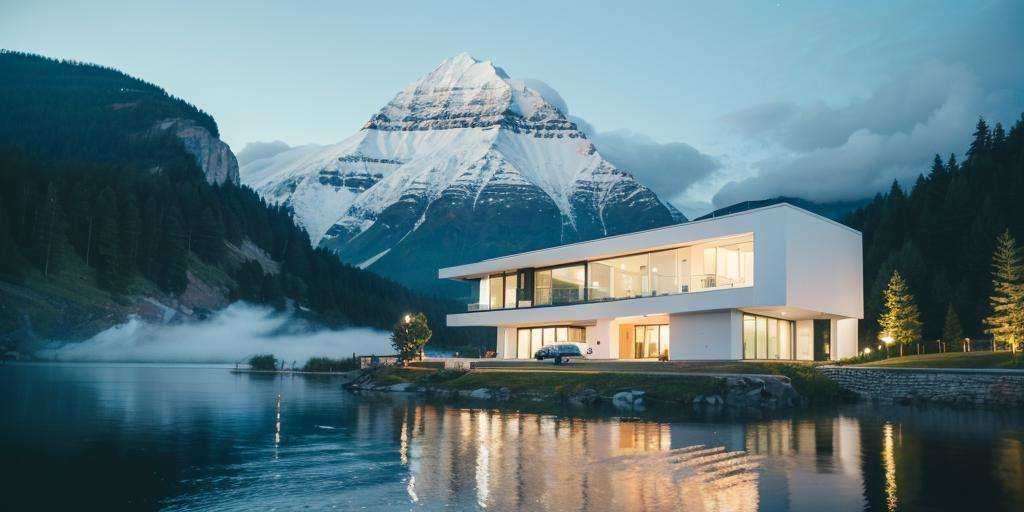 jzcg001 ，A pure white modern building，design by zaha，lakeside，night，starry sky，scenery，tree，fog，forest，wide-angle lens，moon, masterpiece, best quality,  <lora:jzcg001:0.8>