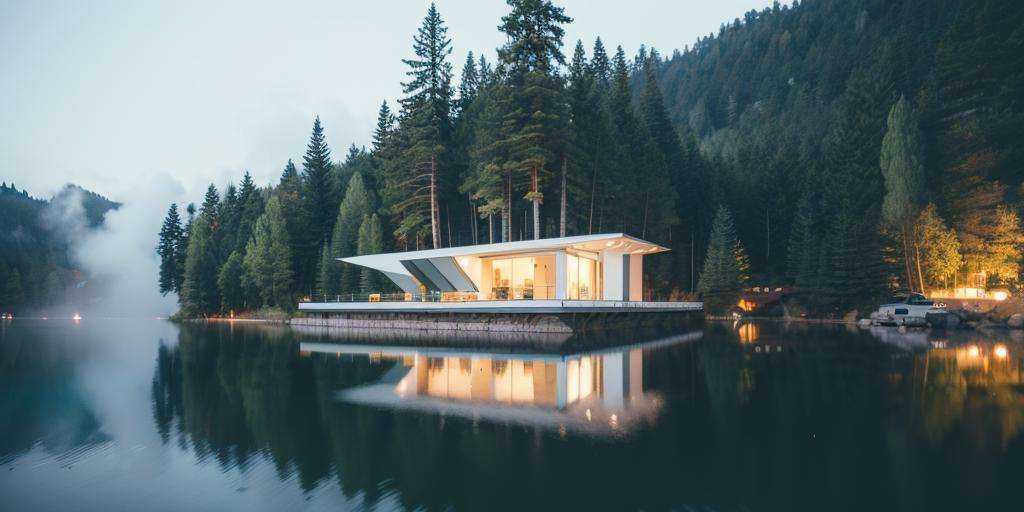 jzcg001 ，A pure white modern building in the forest ，public ，design by zaha，lakeside，starry sky，scenery，tree，fog，，wide-angle lens，moon, masterpiece, best quality,  <lora:jzcg001:0.8>