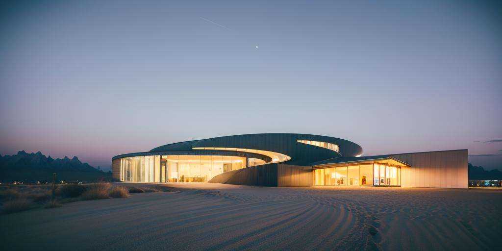 jzcg001 ，dusk，A modern museum building，design by zaha， in the desert ，sand，Huge curved metal roof，Glass curtain wall，In the distance is a continuous desert，public building，，，starry sky，scenery，，moon, masterpiece, best quality, 8k， <lora:jzcg001:0.8>