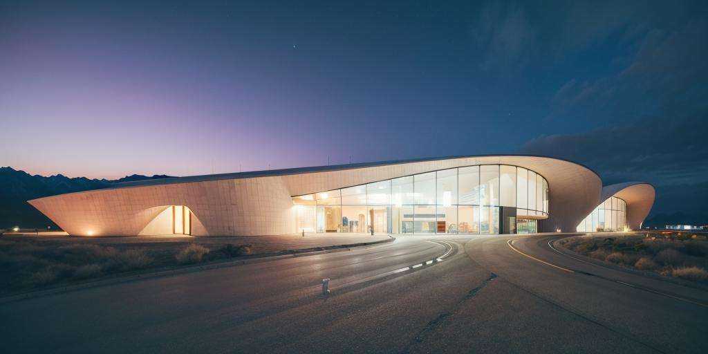 jzcg001 ，dusk，A modern museum building，design by zaha， in the desert ，sand，Huge curved metal roof，Glass curtain wall，In the distance is a continuous desert，public building，，，starry sky，scenery，，moon, masterpiece, best quality, 8k， <lora:jzcg001:0.8>