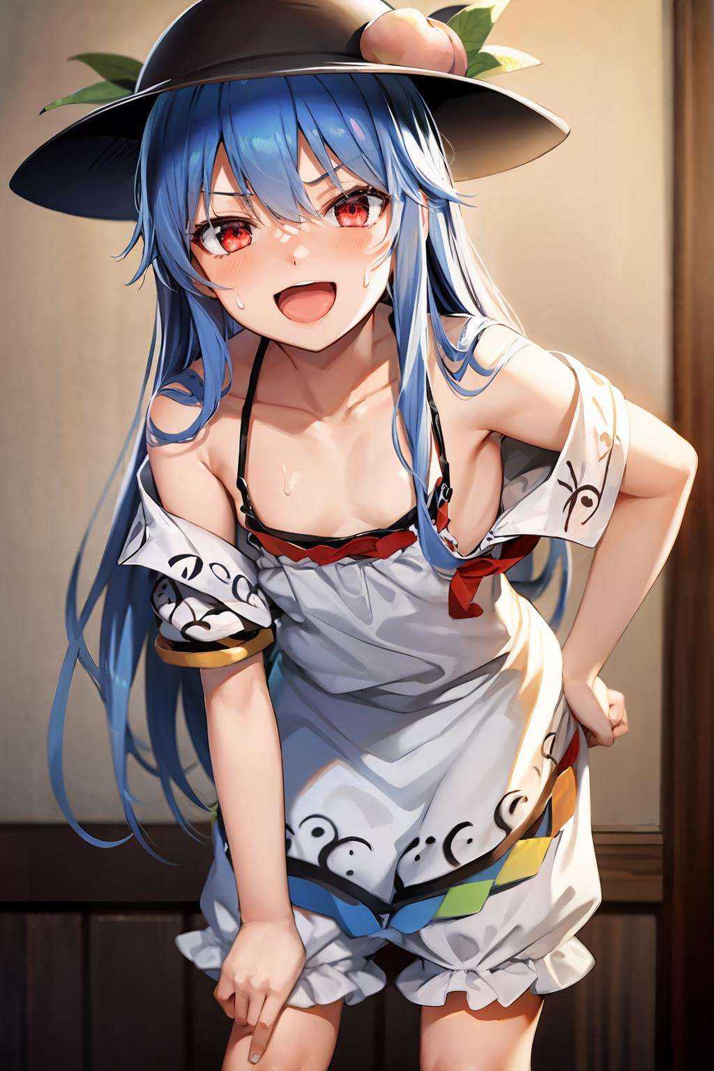 masterpiece, best quality,  <lora:tenshihinanawi:1>,1girl, hinanawi tenshi, solo, long hair, blue hair, hat, underwear, red eyes, peach, collarbone, black headwear, bloomers, looking at viewer, fruit, open mouth, hair between eyes, food, cowboy shot, smile, strap slip, blush, camisole, white shirt, shirt, leaning forward, **********, white bloomers, bangs, sweatdrop, bare shoulders, very long hair, frills, leaf, flat chest, off shoulder, standing, sidelocks, 