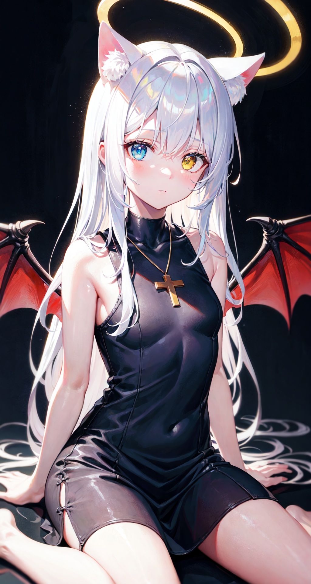 ((masterpiece, best quality)),1girl,solo,cuty face,Beautiful detailed eye,upper body,ray tracing,Reflected light,floating hair,(very detailed light),(Beautiful Lighting),loli,{best quality}, {{masterpiece}}, {highres},((ultra-detailed)),(detailed light),dramatic_shadow,ray_tracing, original, extremely detailed wallpaper,cat girl,demon wings,{an extremely delicate and beautiful},((disheveled hair)),(wariza:1.2),(white hair),(heterochromatic eyes,red and yellow),looking up,stockings,long hair,hime cut,messy hair,floating hair,halo,cross necklace,holy,Dragon ear,bj_Fault art,midjourney,NijiCute,nijistyle