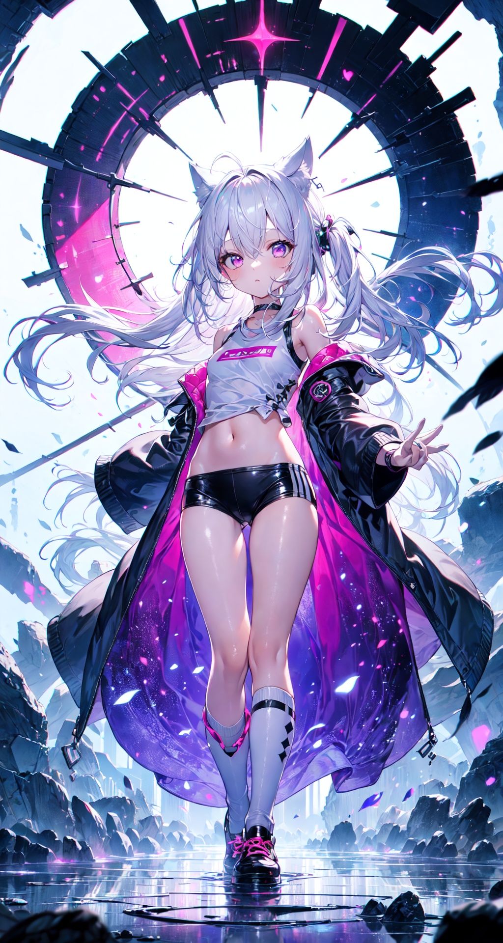 solo,(loli:1.2),(petite:1.2),((masterpiece, best quality)),1girl,solo,cuty face,Beautiful detailed eye,full body,standing,dynamic pose,ray tracing,Reflected light,(very detailed light),(Beautiful Lighting)++++(best quality), [(white background:1.4)::10], [(Lake and forest background:1.2):5],masterpiece, best quality,medium breast,bust,best quality,beautiful detailed eyes,(white hair:1.4),(pink gradient hair:1.2),wavy hair,disheveled hair,cat ears,messy hair, long bangs, hairs between eyes,extremely detailed, floating hair,highleg,(necromancer:1.4),solo, best quality, masterpiece, highres, original, extremely detailed wallpaper,{an extremely delicate and beautiful},pink sportswear,heart antenna hair,purple eyes, {beautiful eyes},