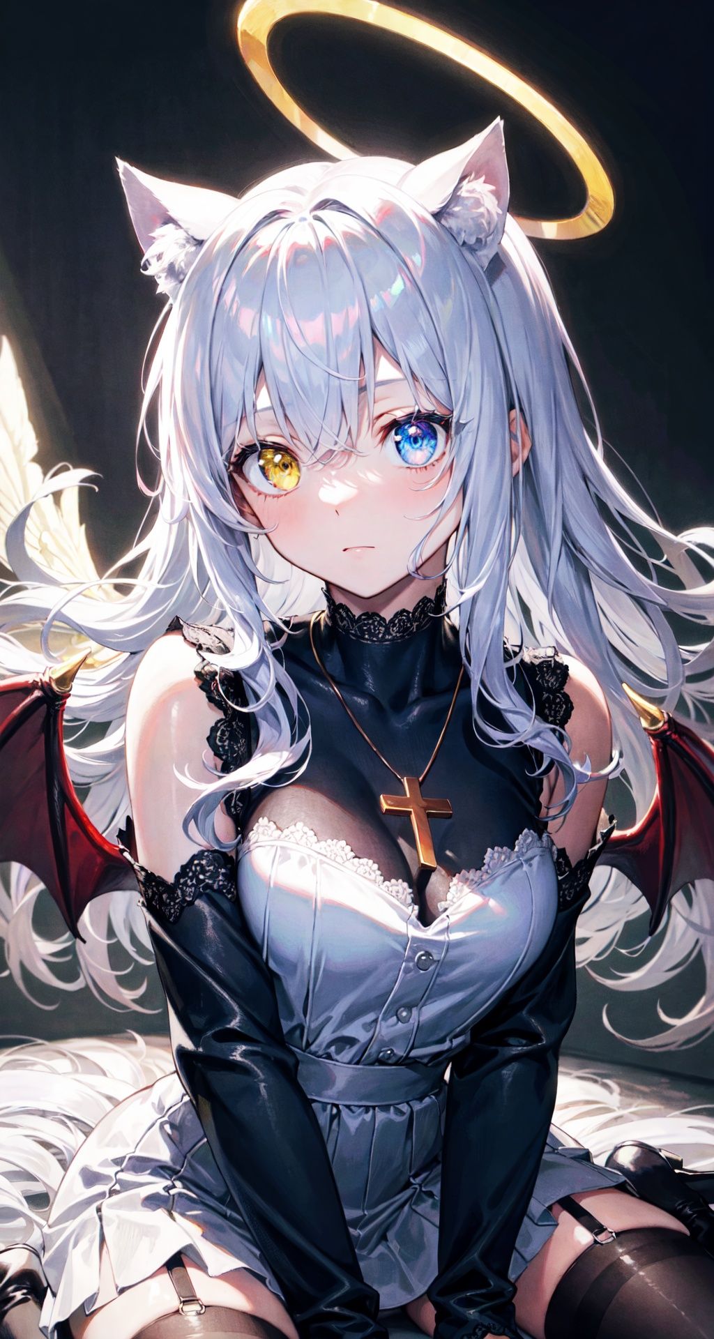 ((masterpiece, best quality)),1girl,solo,cuty face,Beautiful detailed eye,upper body,ray tracing,Reflected light,floating hair,(very detailed light),(Beautiful Lighting),loli,{best quality}, {{masterpiece}}, {highres},((ultra-detailed)),(detailed light),dramatic_shadow,ray_tracing, original, extremely detailed wallpaper,cat girl,demon wings,{an extremely delicate and beautiful},((disheveled hair)),(wariza:1.2),(white hair),(heterochromatic eyes,red and yellow),looking up,stockings,long hair,hime cut,messy hair,floating hair,halo,cross necklace,holy,Dragon ear,bj_Fault art,midjourney,NijiCute,nijistyle