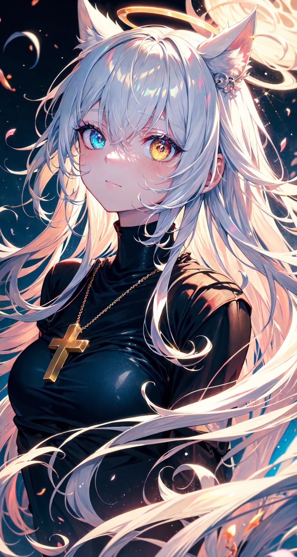 ((masterpiece, best quality)),1girl,solo,cuty face,upper body,ray tracing,Reflected light,floating hair,(very detailed light),(Beautiful Lighting),loli,{best quality}, {{masterpiece}}, {highres},((ultra-detailed)),(detailed light),dramatic_shadow,ray_tracing, original, extremely detailed wallpaper,cat girl,demon wings,{an extremely delicate and beautiful},((disheveled hair)),(wariza:1.2),(white hair),(heterochromatic eyes,red and yellow),looking up,stockings,long hair,hime cut,messy hair,floating hair,halo,cross necklace,holy,Dragon ear,bj_Fault art,midjourney,NijiCute,nijistyle
