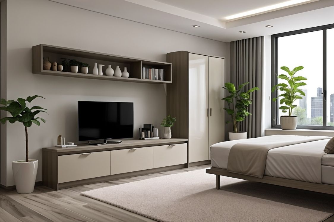 1 bedroom,table,chair,bed,plants,vase,lamp,sunshine,television,carpet,cabinet,virgo,