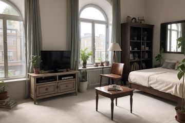 1 bedroom,table,chair,bed,plants,vase,lamp,sunshine,television,carpet,cabinet,virgo,