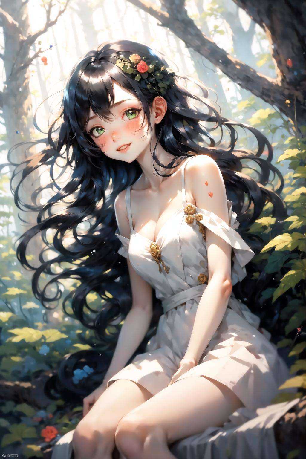 masterpiece, best quality, 1girl, sitting, forest, long hair, from above, from above, cowboy shot, dutch angle, from side, white dress, black hair, green eyes, face, detailed, smile