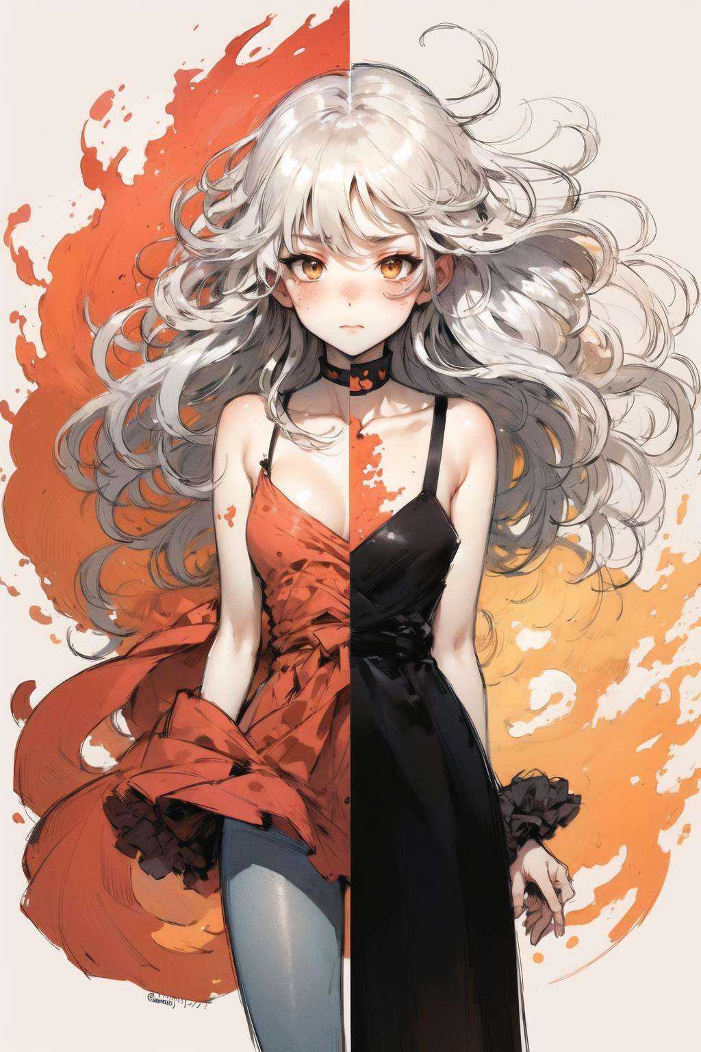 masterpiece, best quality, 1girl,(fiery:1.25), flat color, watercolor, pencil, (sketch, jaggy lines:1.4), white hair, white eyes