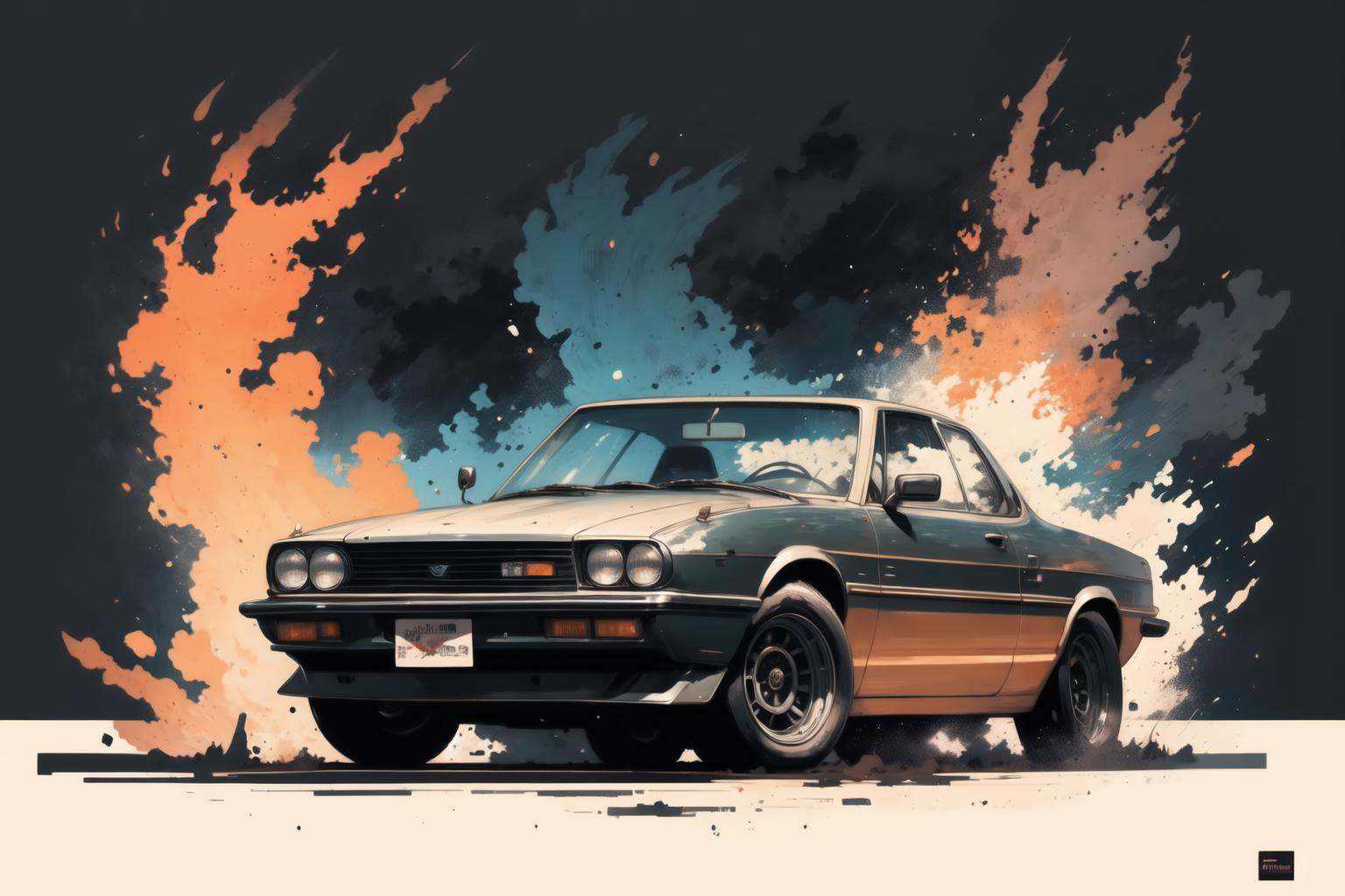 masterpiece, best quality, retro car, powerful, fire, splash art, (black background:1.4)