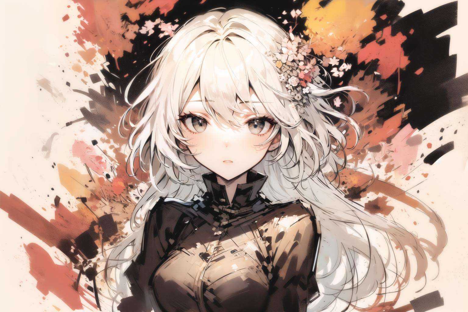 masterpiece, best quality, 1girl, upper body, (flowers:1.15), flat color, watercolor, pencil, (sketch, jaggy lines:1.4), white hair, black eyes