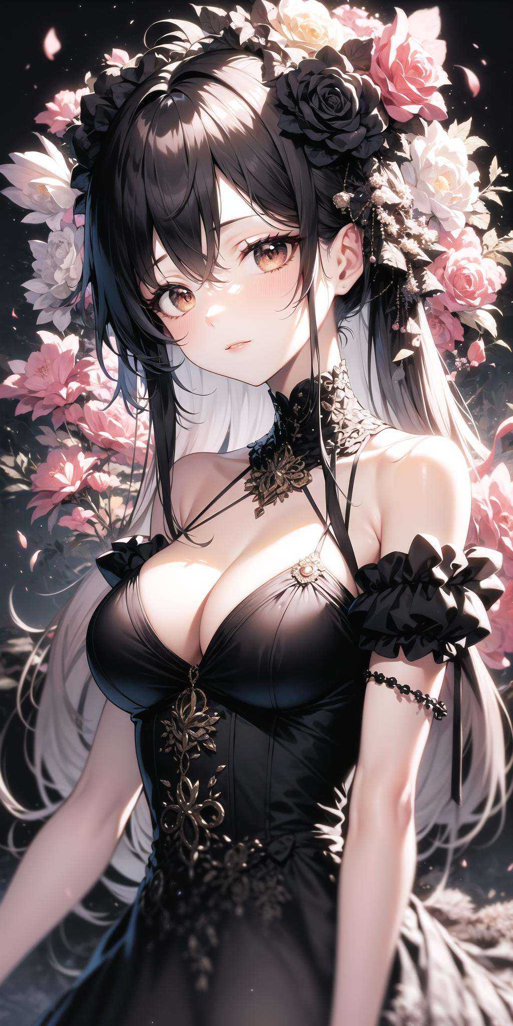 masterpiece, best quality, 1girl, flowers, black theme