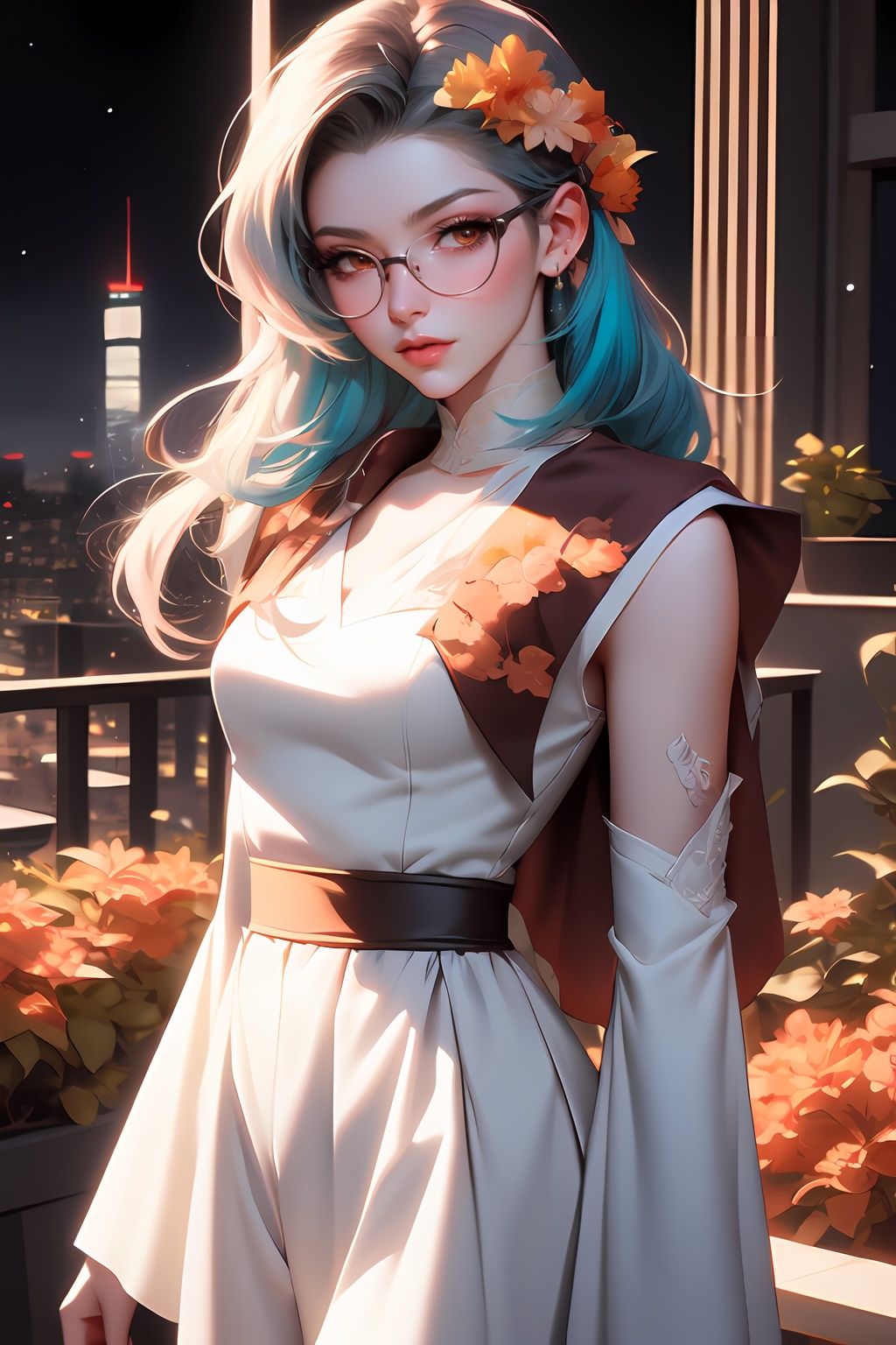 drawing of a woman with blue green color hair,  parted shoulder length hair ,  wearing glasses with flowers in her hair on...