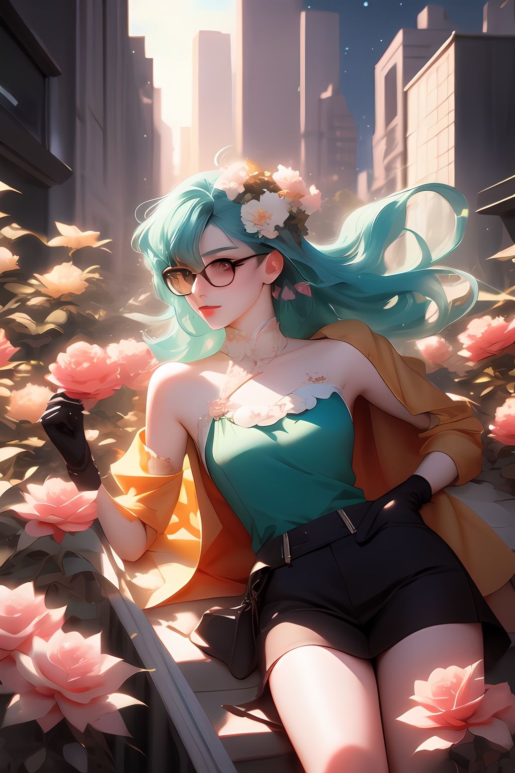 drawing of a woman with blue green color hair,  parted shoulder length hair ,  wearing glasses with flowers in her hair on...