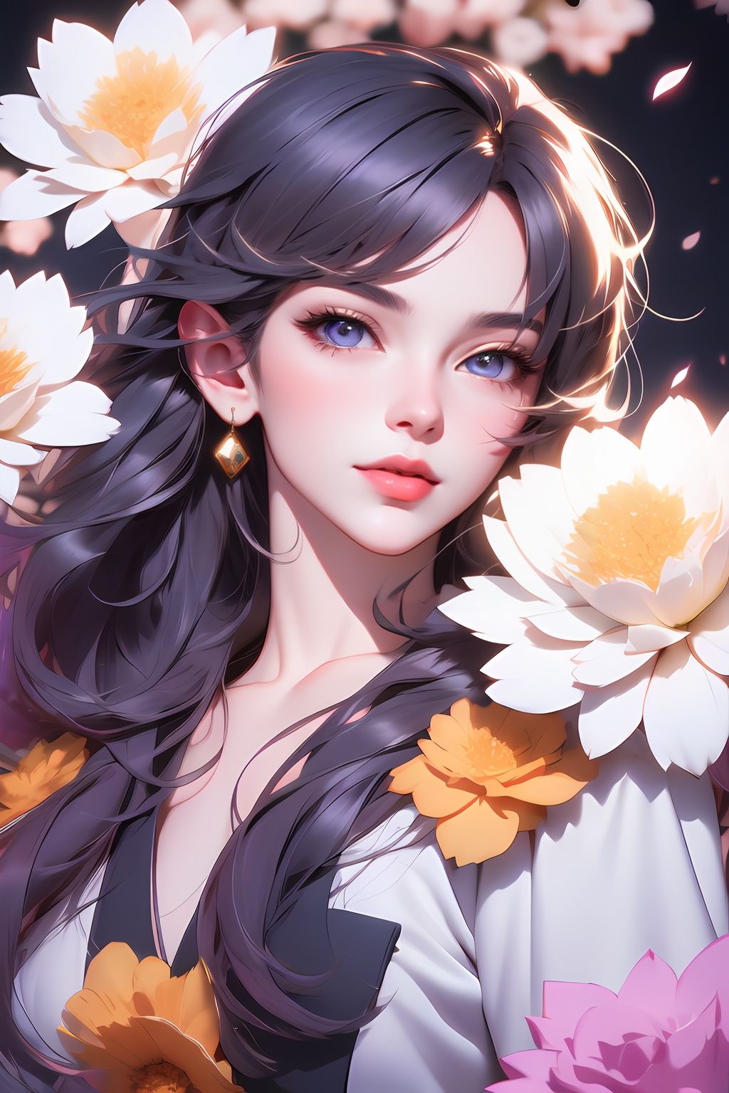 anime girl with long purple hair and blue eyes walking in a field of flowers,  knights of zodiac girl,  portrait knights o...