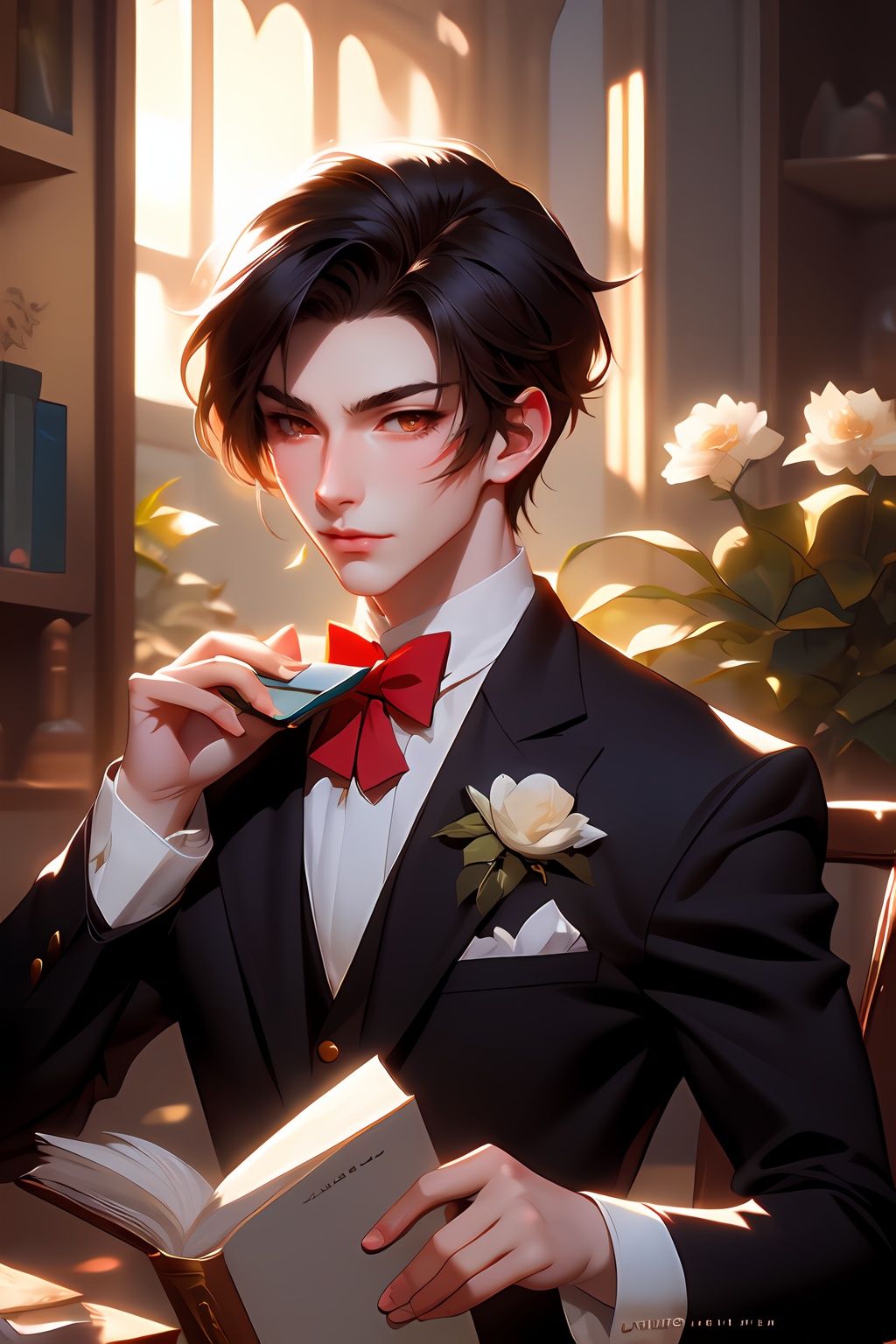 anime - style image of a undercut drown hair man holding a book with a clock on it with fantasy student cloth,  by Yuumei,...