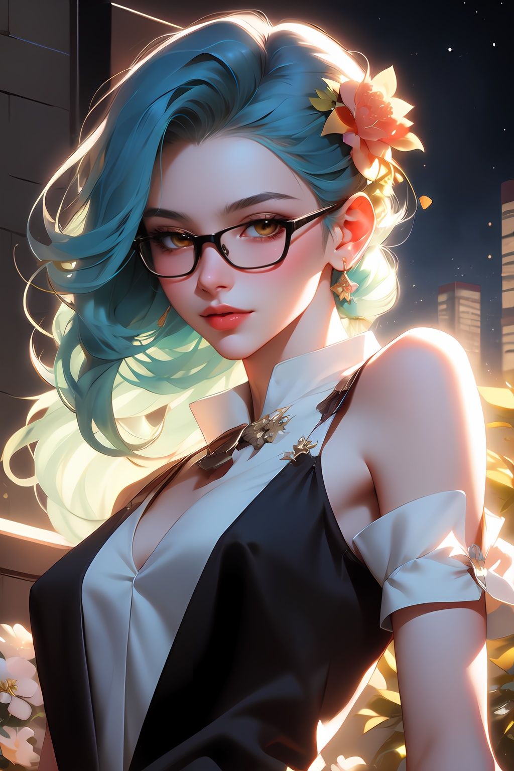drawing of a woman with blue green color hair,  parted shoulder length hair ,  wearing glasses with flowers in her hair on...