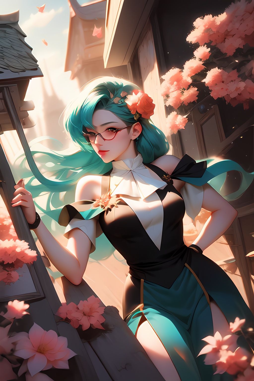 drawing of a woman with blue green color hair,  parted shoulder length hair ,  wearing glasses with flowers in her hair on...