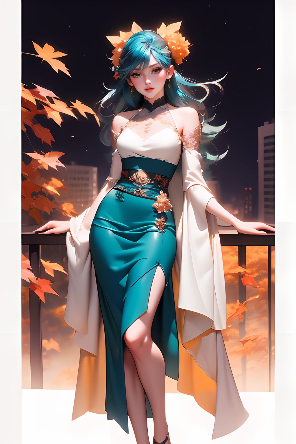 fullbody drawing of a woman with blue green color hair,  parted shoulder length hair ,  wearing glasses with flowers in he...