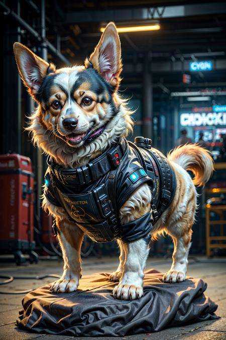 a cybernetic machine dog (corgi), cyberpunk