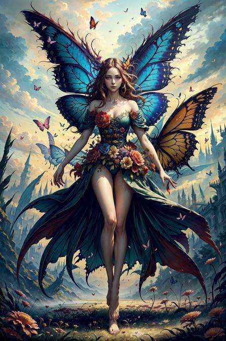 chaos, elegant, vivid colors, art by Anne Bachelier, atmospheric, a girl, elegant, butterflies, flowers blooming, in motion, dramatic, full body, organic composition