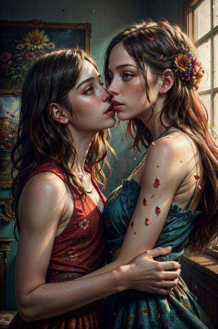 two young women kissing, passionate, intense, bright vibrant color, composition by Matthias Jung, in the style of Jeremy Mann, petals, desire, bloom, atmosphere, painterly illustration, upper body focus