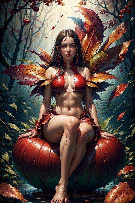 a young woman sitting on a large juicy red cherry, stylized, colorful, vibrant, art by Anne Bachelier, oversized, dew drops, leaves, moisture, wet, dripping