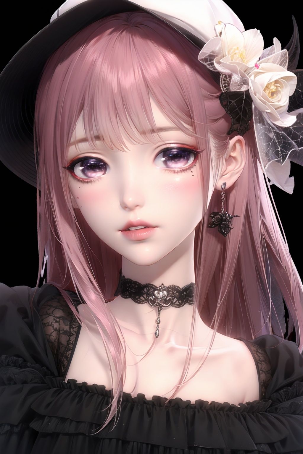 （非常详细的CG 统一8k 壁纸）,most beautiful artwork in the world,1girll,Devil Eyes,The eye,eyelashes,cparted lips,jewely,choker necklace,spiderwebs,dark mole_under below_eye,feater_Hair_decorations,lipstick,eyeslashes,nsfw,breast out
