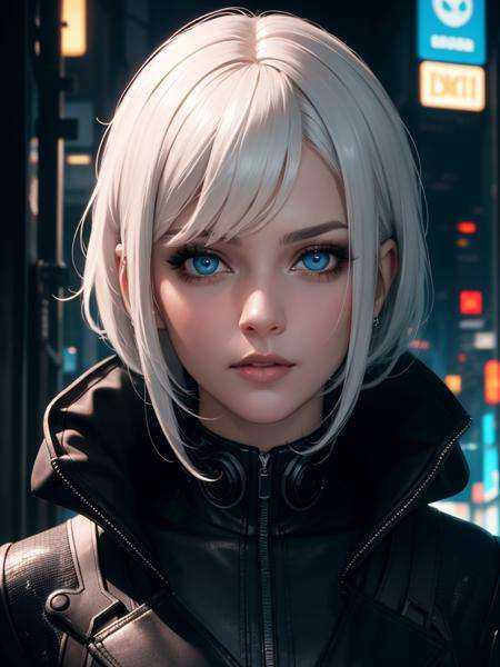 masterpiece, best quality, perfect face, intricate, beautiful scenery, sharp focus, cinematic lighting, cyberpunk, dark city, 1woman, white hair, blue eyes, portrait, looking at viewer,