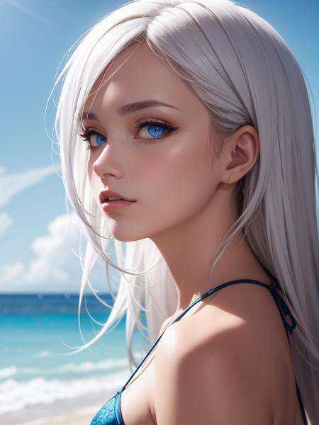 masterpiece, best quality, perfect face, intricate, beautiful scenery, sharp focus, cinematic lighting, beach, blue sky, swimsuit, 1woman, white hair, blue eyes, portrait, looking at viewer,