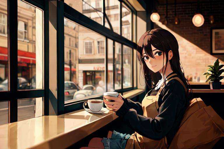 Portait of a woman sat in a coffee shop, shot through a window,