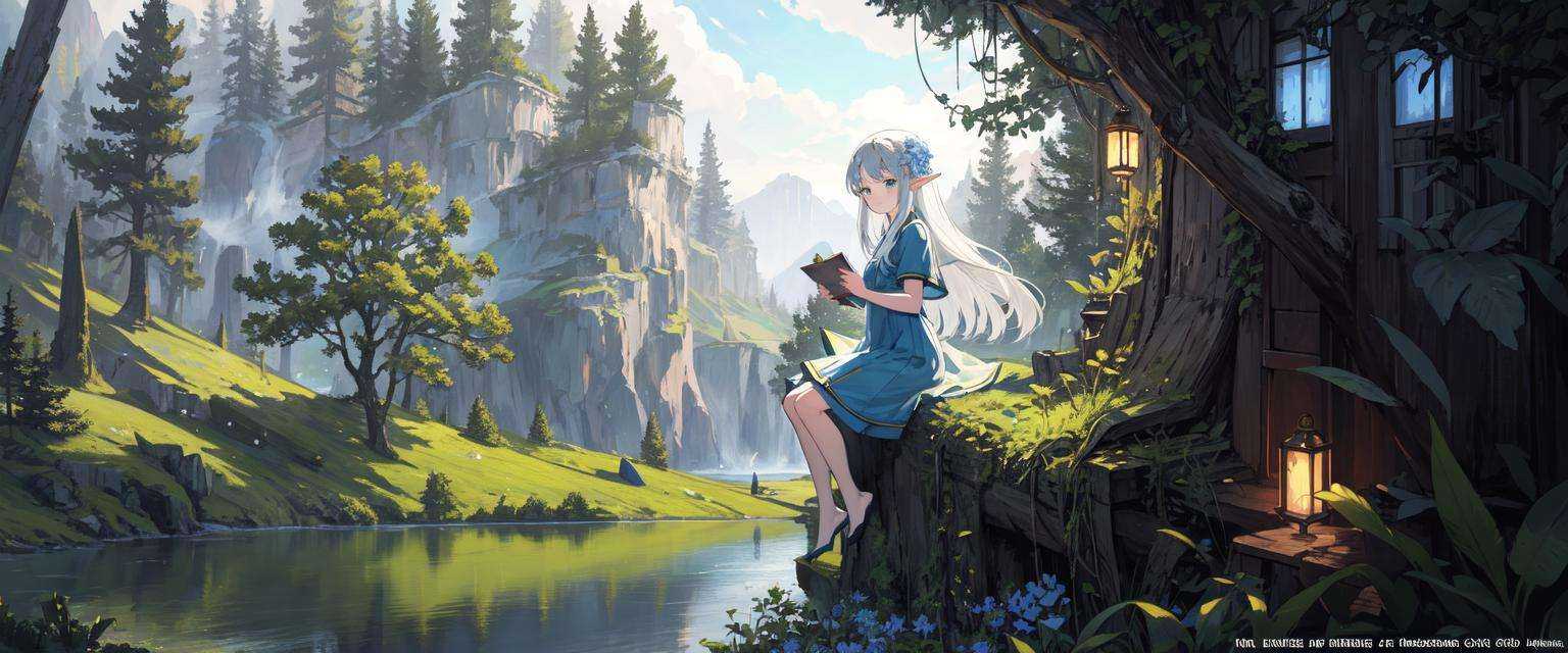 (masterpiece,best quality,illustration,official art:1.05)official wallpaper, game cg ,(wide shot),solo,1girl,wind,leaf,tree,forest AND (masterpiece,best quality,illustration,),landscape, no humans,wind,leaf,tree,forest,(lake): AND (masterpiece,best quality,illustration,official art:1.05), (masterpiece,best quality,illustration,official art:1.05),full body,sitting,looking at viewer,solo,1girl,elf girl,long hair,green hair,/+\+/+\+/+\+/+\+,[green|blue] eyes,dress,white hair flower,hair ornament,(age8),(child),evening