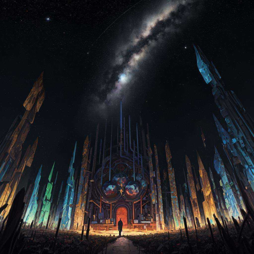 masterpiece,best quality,asterpiece,beautiful,extremely detailed CG unity 8k wallpaper,surrounded by stars and planets and vines in the foreground,Multi-dimensional paper-cut art,Colored crystal,godlike entity made of crystal shards:0.5,The universe, the stars,hdr,0.5,,neon lights, reflections, super detailed, realistic, hdr|The final result is a stunning illustration of a surreal world with a focus on intricate details and colors